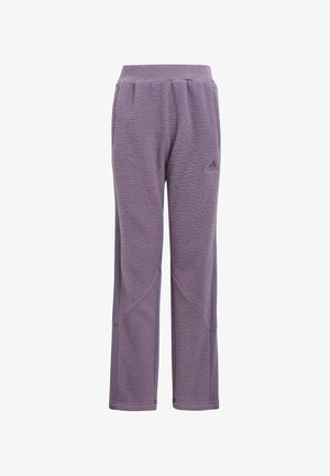 Paarse fleece broek met een zachte, gestructureerde oppervlakte. Heeft een brede elastische tailleband en zijpaneelaccenten voor een comfortabele pasvorm.