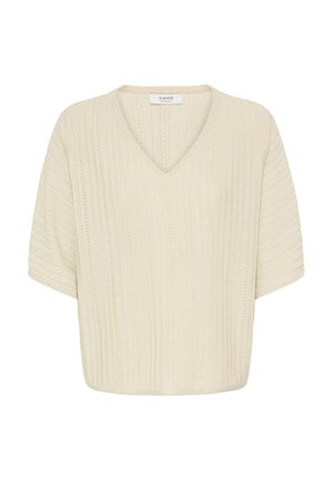 Krém színű, rövid ujjú kötött pulóver V-nyakkivágással és függőleges bordázott mintával, laza szabású, könnyű anyagú.