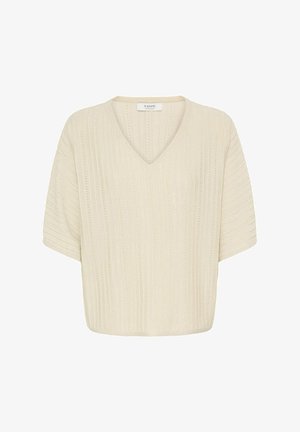 Krém színű, rövid ujjú kötött pulóver V-nyakkivágással és függőleges bordázott mintával, laza szabású, könnyű anyagú.