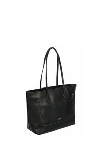 Sac cabas en cuir noir avec une texture lisse, deux poignées et des accents dorés. Présente un design minimaliste et des détails de couture visibles.