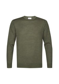 Suéter de color verde oliva, realizado en un material suave, con cuello redondo, mangas largas, corte estándar y una variación mínima en la textura.