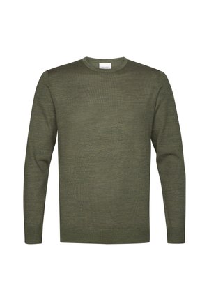 Olivgrüner Pullover, gefertigt aus weichem Material, mit Rundhalsausschnitt, langen Ärmeln, normaler Passform und minimaler Texturvariation.