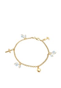Guldfärgad kedja armband med klara kristalldekorationer i form av ett hjärta, ett kors och ett ankare, med strukturerade länkar och en hummerlås.