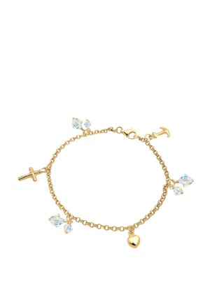 Gold-tone chain bracelet featuring clear crystal charms shaped like a heart, cross, and anchor, with textured links and a lobster clasp.