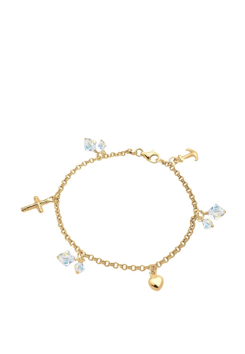 Guldfärgad kedja armband med klara kristalldekorationer i form av ett hjärta, ett kors och ett ankare, med strukturerade länkar och en hummerlås.