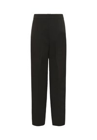 Schwarze taillierte High-Waist-Hosen mit Gürtelschlaufen und vorderen Nähten, vor einem weißen Hintergrund präsentiert.