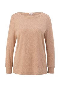 Pull beige à manches longues avec col rond, poignets côtelés et coupe légèrement ample, en tissu tricoté doux.