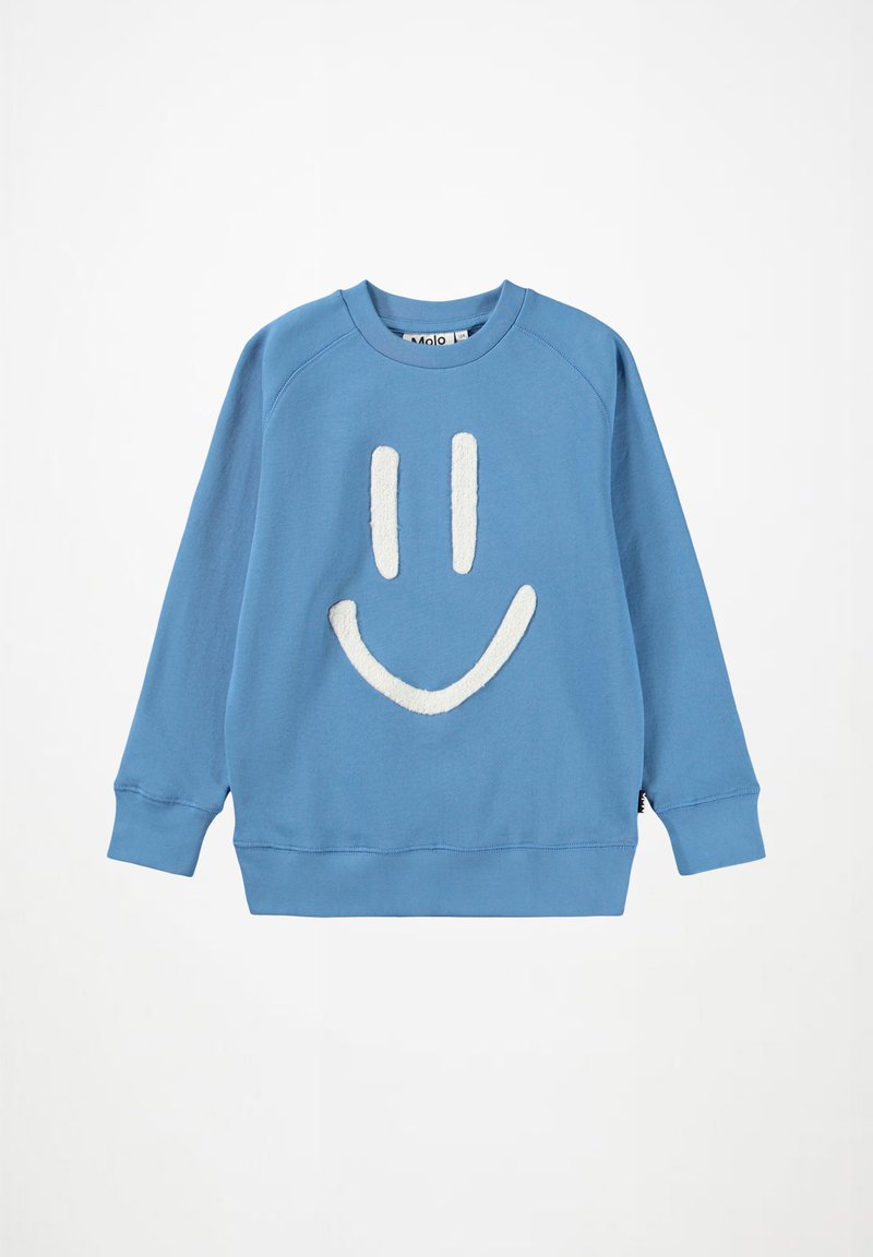 Sudadera de cuello redondo de manga larga azul con un diseño de cara sonriente texturizado en blanco en la parte frontal, puños y dobladillo acanalados.