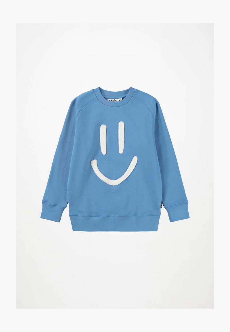 Sudadera de cuello redondo de manga larga azul con un diseño de cara sonriente texturizado en blanco en la parte frontal, puños y dobladillo acanalados.