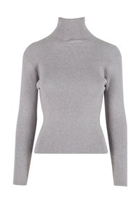 Szary sweter z golfem o prążkowanej fakturze, dopasowanym kroju i długich rękawach. Gładki materiał z lekko elastycznymi właściwościami.