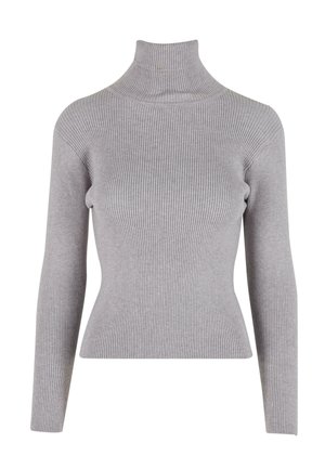 Grijze coltrui met een geribbelde textuur, aansluitend ontwerp en lange mouwen. Glad materiaal met een iets rekbaar karakter.