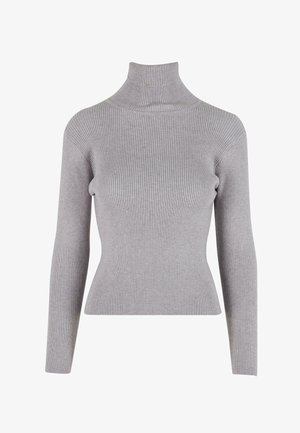 Gray turtleneck sweater with a ribbed texture, fitted design, and long sleeves. Smooth material with a slightly stretchy quality.