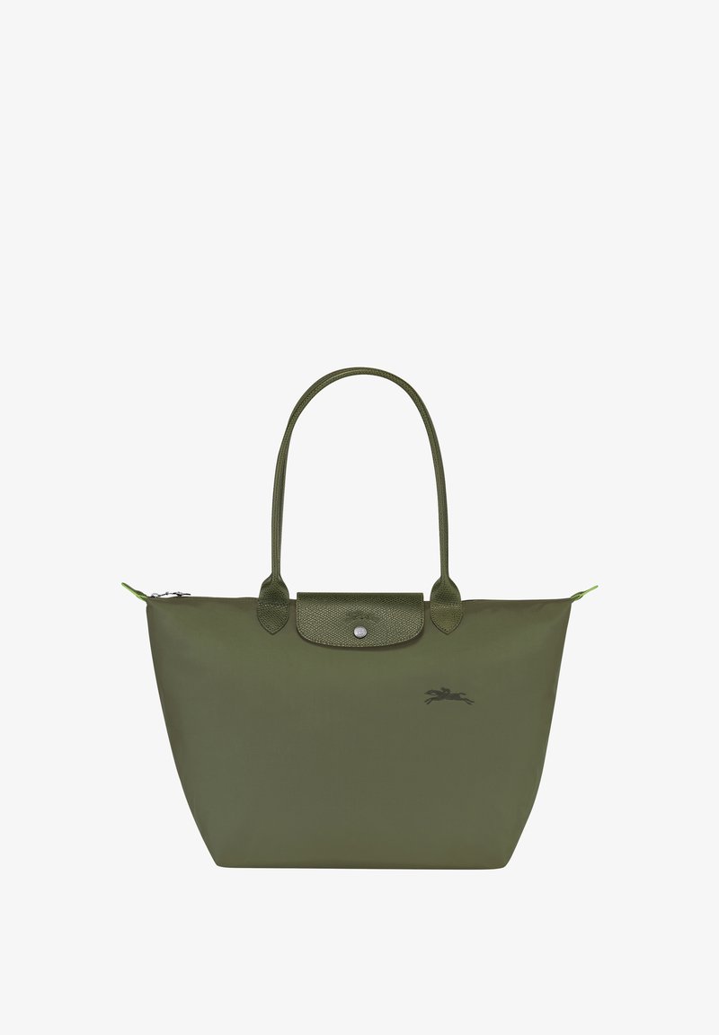 Olive green tote bag made of nylon with leather accents, featuring two sturdy handles, a zipper closure, and a logo design on the front.