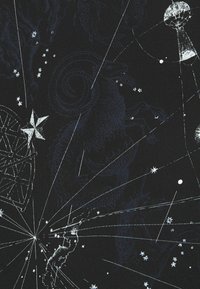Černá textilie s propracovanými stříbrnými a bílými nebeskými vzory, včetně hvězd, souhvězdí a spirálových motivů.
