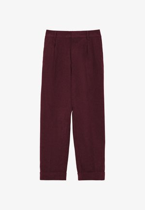 Burgundy corduroy trousers with a straight cut, featuring front pleats and rolled cuffs for a structured look. Smooth texture with visible ribbing.