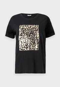 Zwart T-shirt met korte mouwen met een vierkante gouden luipaardprint op de voorkant, gemaakt van zachte stof met een klassieke ronde hals.