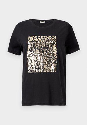 T-shirt noir à manches courtes avec un design de motif léopard doré en carré sur le devant, fabriqué en tissu doux avec un col rond classique.