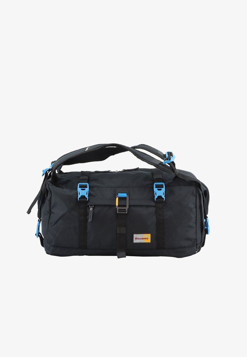 Black duffel bag with blue plastic hardware, adjustable straps, a front pocket, and a logo patch. Textured fabric and secure buckle closure.