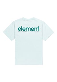 Himmelsblå kortærmet t-shirt lavet af bomuld, med et stort grønt "element"-logo og teksten "SKATEBOARD CO. WORLDWIDE" på ryggen.