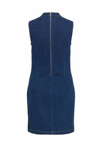 Robe en denim bleu foncé sans manches avec fermeture éclair au dos et silhouette ajustée, vue de dos sur fond blanc.