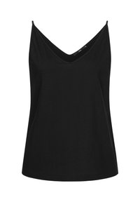 Top senza maniche nero con scollatura a V, realizzato in tessuto morbido, caratterizzato da una vestibilità ampia e un orlo dritto. Senza motivi o decorazioni visibili.