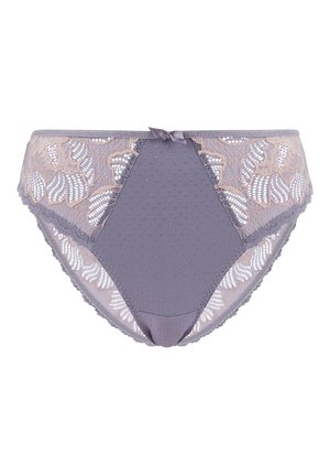 Grijze dames kanten slipjes met bloemmotieven en een kleine strik aan de voorkant, met doorschijnende mesh panelen en een gestructureerde stof aan de voorkant.