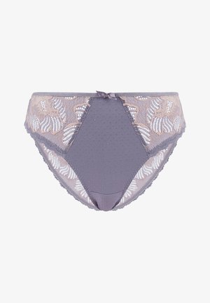 Culottes en dentelle grise pour femmes avec motifs floraux et petit nœud à l'avant, présentant des panneaux en mesh transparent et un tissu texturé à l'avant.