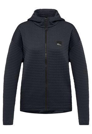 Schwarze Kapuzenjacke aus gestepptem Material, mit durchgehendem Reißverschluss und kleinem Logo auf der linken Brust. Strukturiert, mit langen Ärmeln.