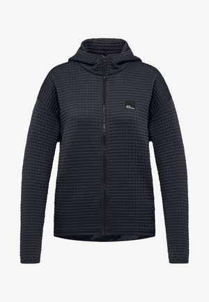 Schwarze Kapuzenjacke aus gestepptem Material, mit durchgehendem Reißverschluss und kleinem Logo auf der linken Brust. Strukturiert, mit langen Ärmeln.