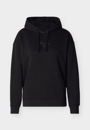 Schwarzer Hoodie mit einer Kängurutasche vorne, Kapuze mit Kordelzug und dezente "Puma"-Logo mittig auf der Brust.