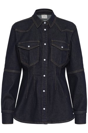 Dark denim shirt with a structured fit, featuring snap button closures, two front pockets, and contrasting yellow stitching.