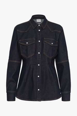 Dark denim shirt with a structured fit, featuring snap button closures, two front pockets, and contrasting yellow stitching.
