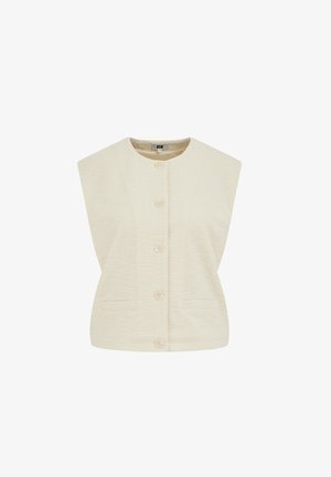 Ujjatlan, krém színű, texturált mellény kerek nyakkivágással, elején gombokkal és két elülső paszpólos zsebbel.