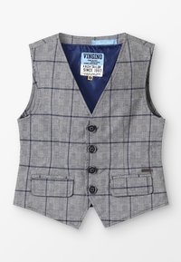 Chaleco a cuadros gris con diseño de cuello en V, cinco botones frontales, dos bolsillos frontales y un forro interior azul. La etiqueta dice "VINGINO."