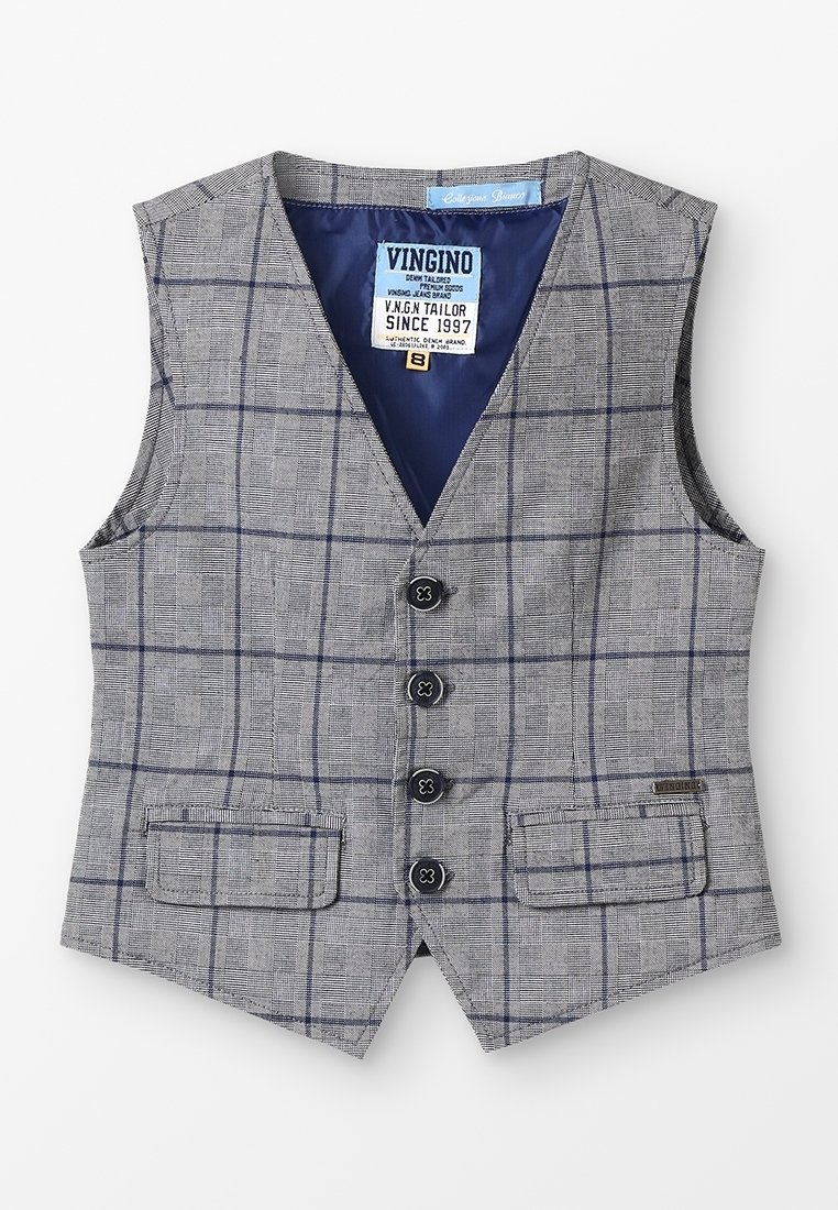 Chaleco a cuadros gris con diseño de cuello en V, cinco botones frontales, dos bolsillos frontales y un forro interior azul. La etiqueta dice "VINGINO."