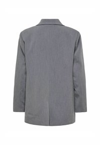 Pelēks žakets ar piegriezuma dizainu, kuram ir izgriezts apkakle, garas piedurknes un gluda tekstūra. Apskatot no aizmugures, redzama tīra silueta.