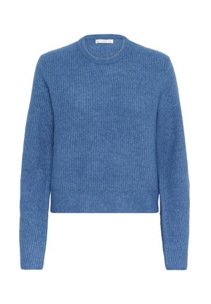 Blaues Langarm-Crewneck-Sweatshirt mit strukturiertem Strickmuster sowie gerippten Bündchen und Saum, auf einem weißen Hintergrund präsentiert.