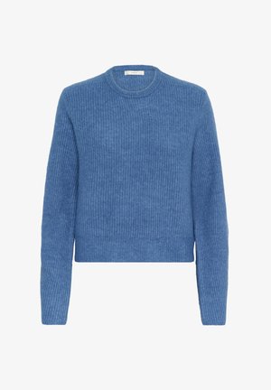 Maglione a maniche lunghe blu con scollatura a girocollo, caratterizzato da un motivo a maglia testurizzata e polsini e orlo a costine, esposto su uno sfondo bianco.