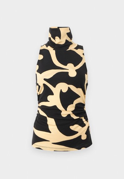 Ærmeløs turtleneck-top med sort og beige abstrakt vinekursive mønster, tætsiddende talje og glat stofstruktur.