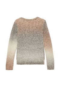 Sweter dziergany w gradientowej kolorystyce od brązowego do jasnego beżowego, okrągły dekolt, długie rękawy oraz ribbowane wykończenie u dołu i na rękawach.