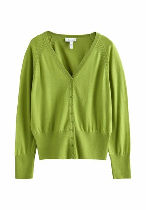 Grönstickad cardigan med V-ringning, ribbmuddar och framknäppning. Mjuk textur och figursydd midja.