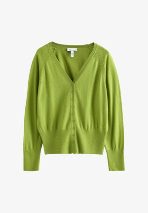 Zelený pletený kardigan s véčkovým výstřihem, žebrovanými manžetami a předním zapínáním na knoflíky. Měkká textura a design přiléhajícího pasu.