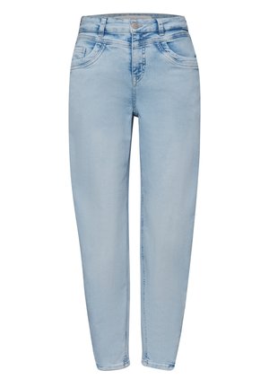 Světle modré skinny džíny s vysokým pasem, předním zapínáním na knoflíky, zipem a pěti kapsami, zobrazené na bílém pozadí.