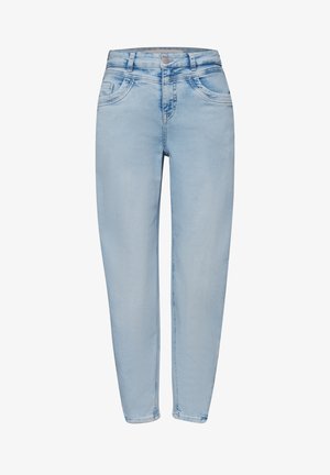 Světle modré skinny džíny s vysokým pasem, předním zapínáním na knoflíky, zipem a pěti kapsami, zobrazené na bílém pozadí.