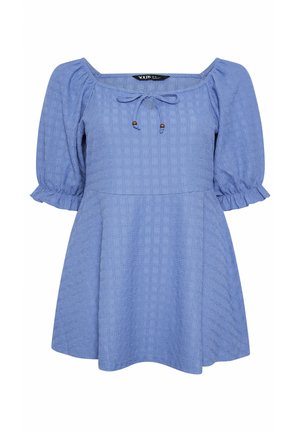 Blue textured short dress with puffed sleeves, square neckline, and front tie with wooden bead accents.