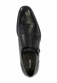Zwarte leren dresschoenen met een ronde neus, enkele gespsluiting en een gladde afwerking. Het interieur heeft een zachte textuur met branding.