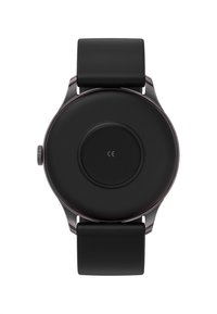 Smartwatch nero con cassa ovale, cinturino in silicone opaco, parte posteriore rotonda con un cerchio centrale e un pomo di regolazione laterale.