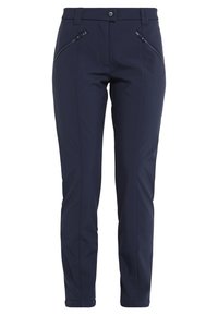 Granatowe, slim-fit spodnie wykonane z gładkiego materiału, z dwoma zapinanymi na zamek kieszeniami z przodu oraz szlufkami na pasek. Prosty krój nogawek z minimalnymi szwami.