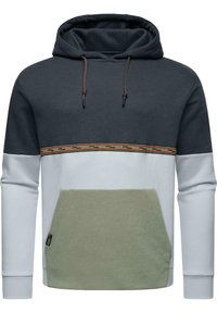 Sudadera con capucha en azul marino oscuro, gris claro y verde. Cuenta con un bolsillo frontal y una banda estampada en el pecho. Material de mezcla de algodón.