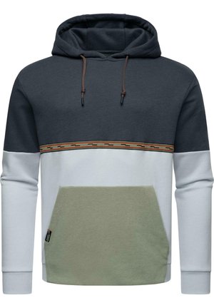 Sudadera con capucha en azul marino oscuro, gris claro y verde. Cuenta con un bolsillo frontal y una banda estampada en el pecho. Material de mezcla de algodón.